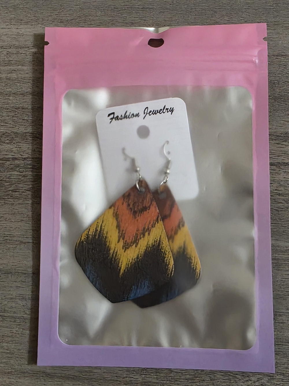 Bold Chevron Wooden Drop Earrings in Orange, Yellow & Blue - Picture 5 of 5
